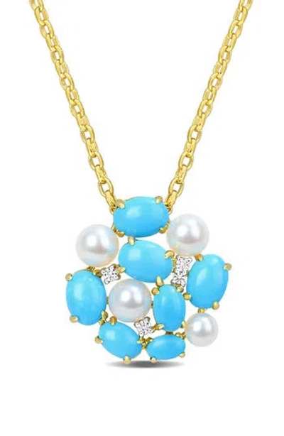 Delmar Cultured Pearl, Lab-grown Turquoise & Lab-grown White Sapphire Pendant Necklace In Blue