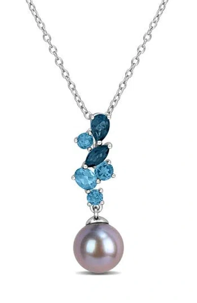 Delmar Cultured Tahitian Pearl & London Blue Topaz Pendant Necklace In Silver