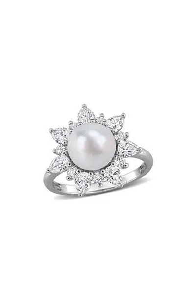 Delmar Cultured White Pearl & Lab Grown Sapphire Halo Ring In Metallic