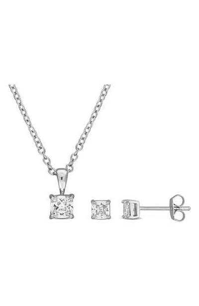 Delmar Cushion Cut Cubic Zirconia Stud Earrings & Pendant Necklace Set In Silver