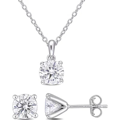 Delmar Dew Lab-grown Moissanite Pendant Necklace & Stud Earrings In Silver