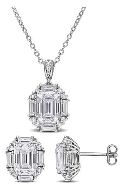 Delmar Dew Sterling Silver Lab Grown White Moissanite Stud Earrings & Necklace Set In Metallic