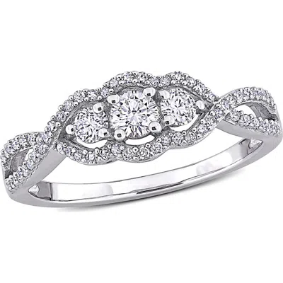 Delmar Diamond 3-stone Halo Engagement Ring In Metallic