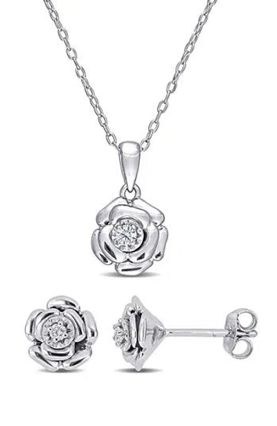 Delmar Diamond Flower Pendant Necklace & Stud Earrings Set In Metallic