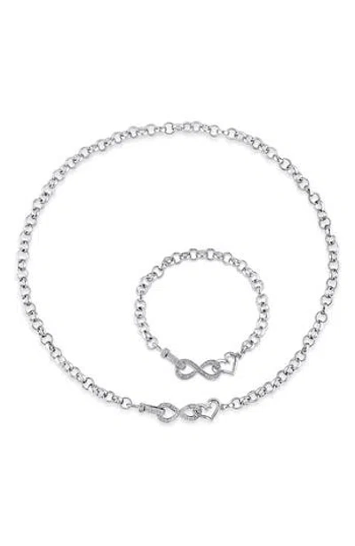 Delmar Diamond Heart Infinity Necklace & Bracelet Set In White