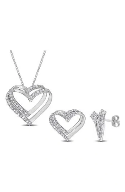 Delmar Diamond Heart Pendant Necklace & Stud Earrings Set In Pink