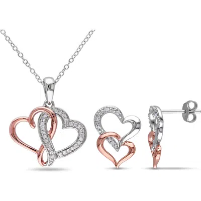 Delmar Diamond Heart Pendant Necklace & Stud Earrings Set In Silver/ Rose Gold