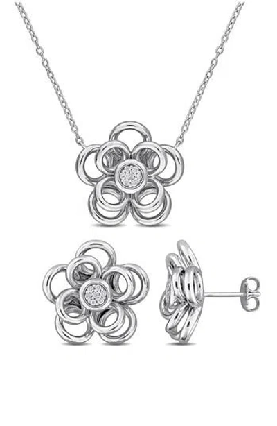 Delmar Diamond Pavé Flower Earrings & Necklace Set In Silver