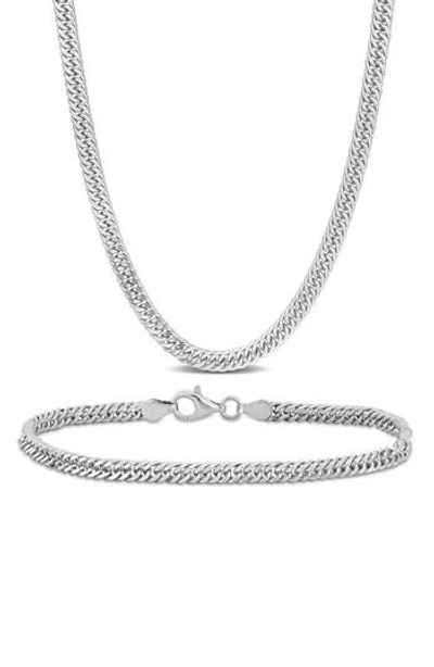 Delmar Double Curb Chain Bracelet & Necklace Set In Silver