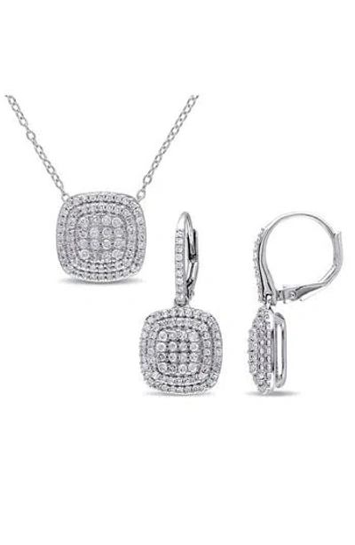Delmar Double Halo Diamond Pendant Necklace & Drop Earrings Set In Metallic