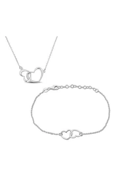 Delmar Double Heart Charm Necklace & Bracelet Set In Metallic