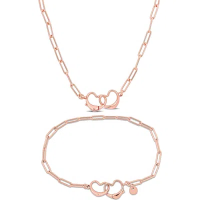 Delmar Double Heart Paper Clip Link Chain Necklace & Anklet Set In Gold
