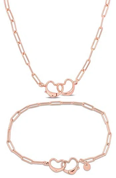 Delmar Double Heart Paper Clip Link Chain Necklace & Bracelet Set In Rose