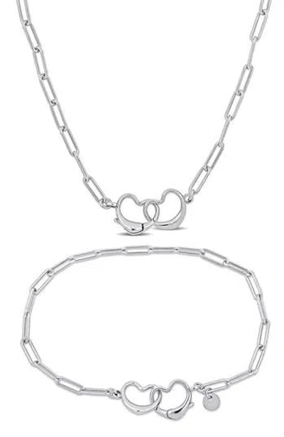 Delmar Double Heart Paperclip Oval Link Chain Necklace & Anklet Set In Metallic