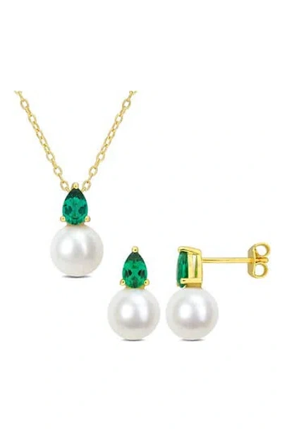 Delmar Emerald & Freshwater Pearl Stud Earrings & Pendant Necklace Set