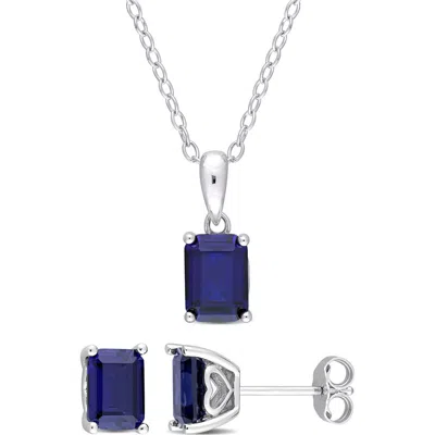 Delmar Emerald-cut Lab-grown Sapphire Stud Earrings & Pendant Necklace Set In Metallic