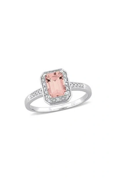 Delmar Emerald Cut Morganite & Diamond Halo Ring In Metallic