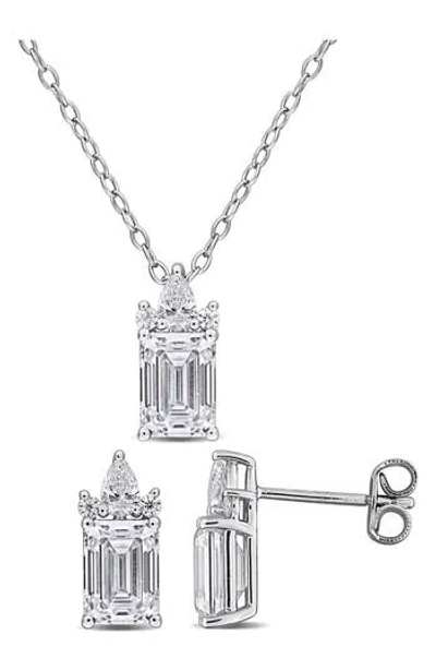 Delmar Emerald Round Cut Lab Created White Moissanite Pendant Necklace & Stud Earrings Set In Metallic