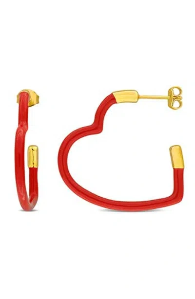 Delmar Enamel Heart Hoop Earrings In Red