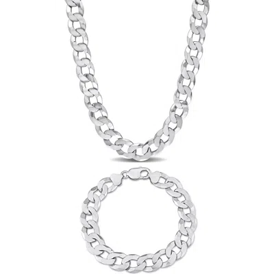 Delmar Flat Curb Chain Necklace & Bracelet Set In White