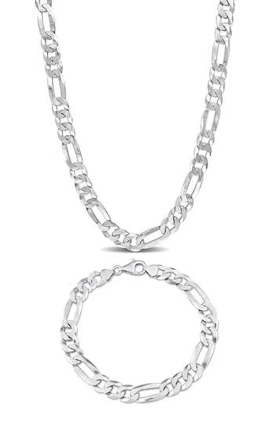 Delmar Flat Figaro Chain Necklace & Bracelet Set In Silver