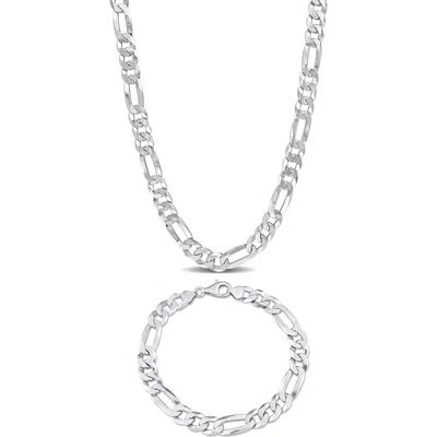 Delmar Flat Figaro Chain Necklace & Bracelet Set In White