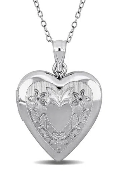 Delmar Floral Engraved Heart Locket Pendant Necklace In Metallic