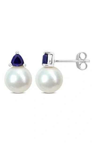 Delmar Freshwater Pearl & Aquamarine Drop Earrings In Blue Sapphire