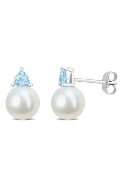 Delmar Freshwater Pearl & Aquamarine Drop Earrings In Sky Blue Topaz