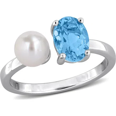 Delmar Freshwater Pearl & Sky Blue Topaz Ring In Metallic