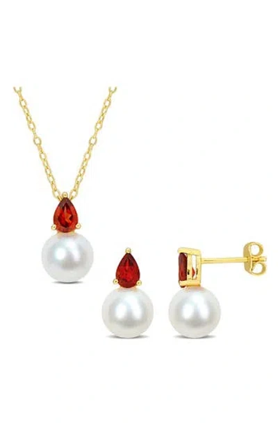 Delmar Garnet & Freshwater Pearl Stud Earrings & Pendant Necklace Set
