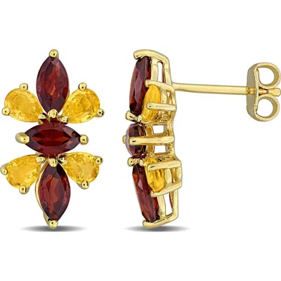 Delmar Garnet And Yellow Sapphire Floral Stud Earrings In Garnet Multi
