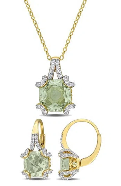 Delmar Green Quartz & White Topaz Pendant Necklace & Drop Earrings Set In Orange
