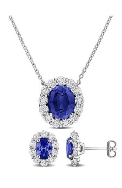 Delmar Halo Oval Cut Lab Created Blue Sapphire Stud Earrings & Pendant Necklace Set In Metallic