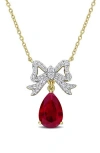 Delmar Lab Created Ruby & Labe Created White Sapphire Bow Pendant Necklace In Red