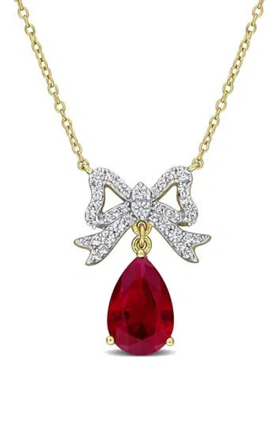 Delmar Lab Created Ruby & Labe Created White Sapphire Bow Pendant Necklace In Red
