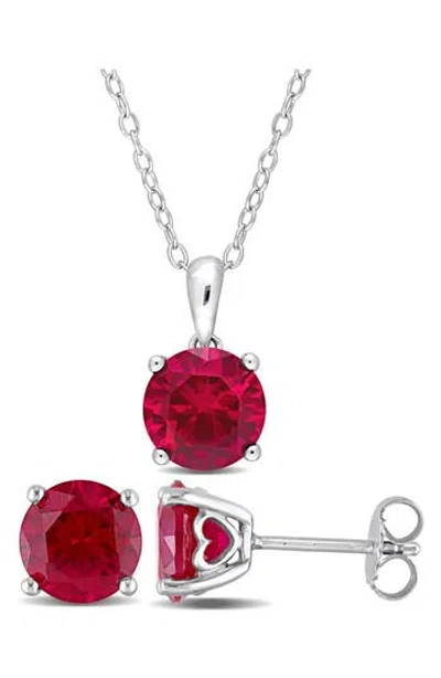 Delmar Lab Created Ruby Solitaire Pendant Necklace & Stud Earrings Set In Pink