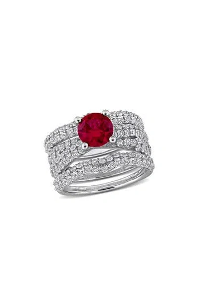 Delmar Lab Created White Sapphire & Lab Created Ruby Ring Stack Set In Silver