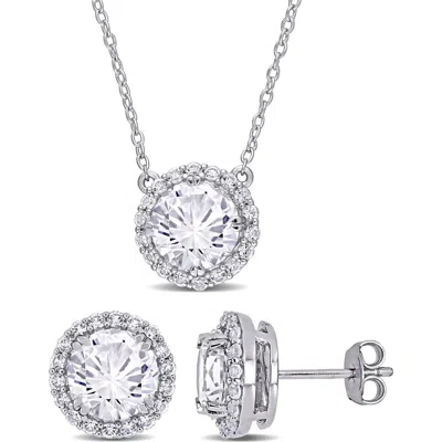 Delmar Lab Created White Sapphire Halo Pendant Necklace & Stud Earrings Set In Metallic