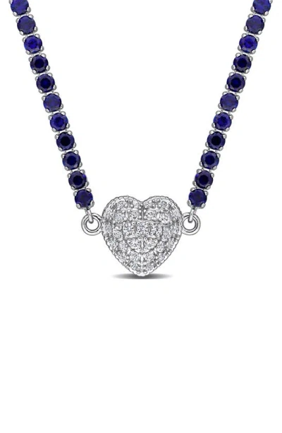 Delmar Lab Created White Sapphire Heart Necklace In Blue