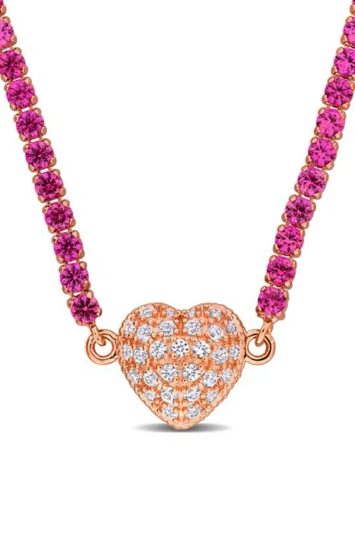 Delmar Lab Created White Sapphire Heart Necklace In Pink/ Rose Gold