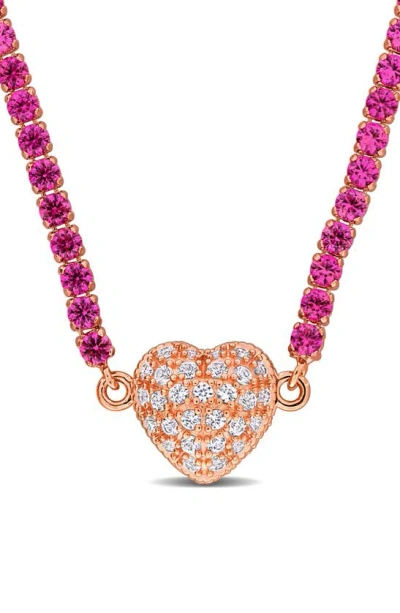 Delmar Lab Created White Sapphire Heart Necklace In Pink