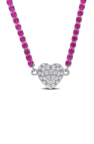Delmar Lab Created White Sapphire Heart Necklace In Pink/ Silver