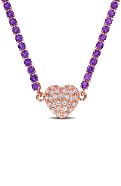 Delmar Lab Created White Sapphire Heart Necklace In Purple/ Rose Gold