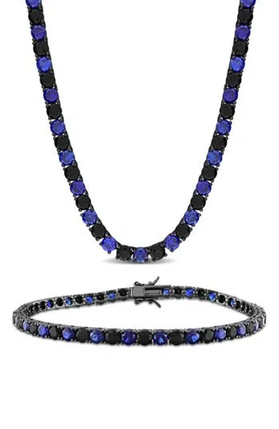 Delmar Lab-grown Blue & Black Sapphire Tennis Necklace & Bracelet Set