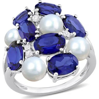 Delmar Lab Grown Blue & White Sapphire & Cultured Freshwater Pearl Ring