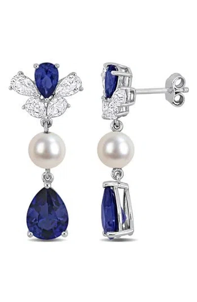 Delmar Lab Grown Blue & White Sapphire & Cultured Pearl Drop Earrings