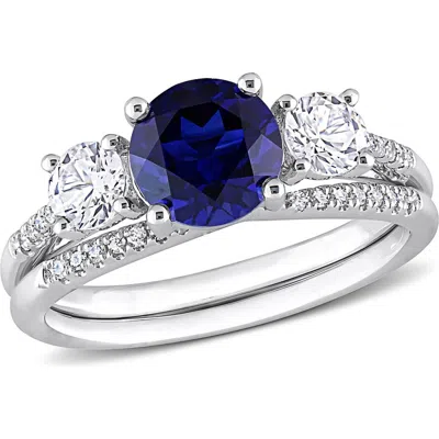 Delmar Lab-grown Blue Sapphire & Diamond Ring In Metallic