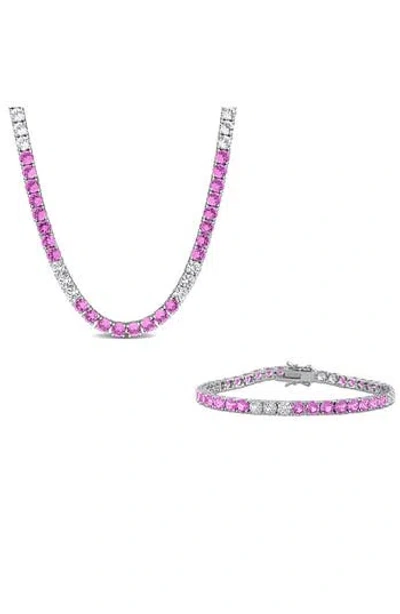 Delmar Lab Grown Pink & White Sapphire Bracelet & Necklace Set In Silver