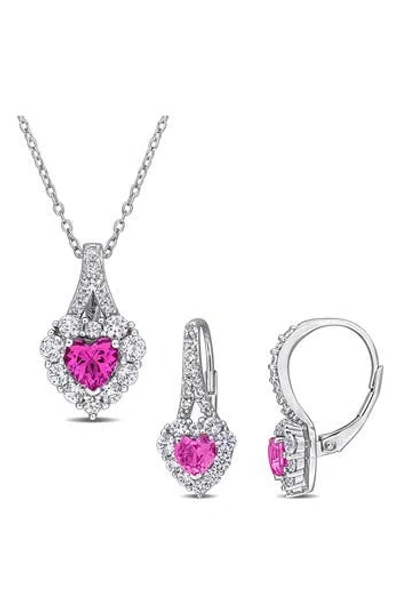 Delmar Lab Grown Pink & White Sapphire Earrings & Necklace Set In Silver